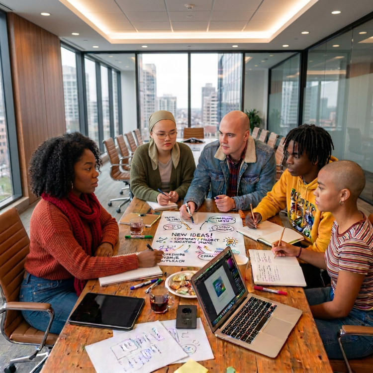 Diverse team collaborating around a table during an innovation workshop